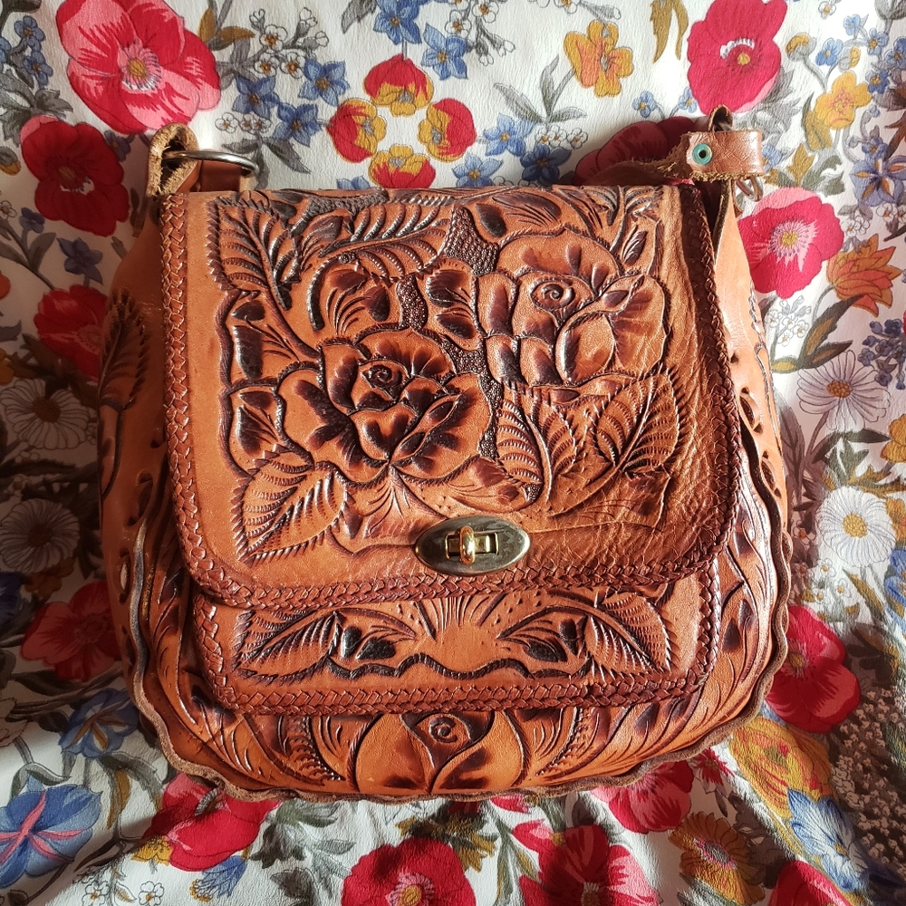 Vintage Tooled Leather Flap Handbag